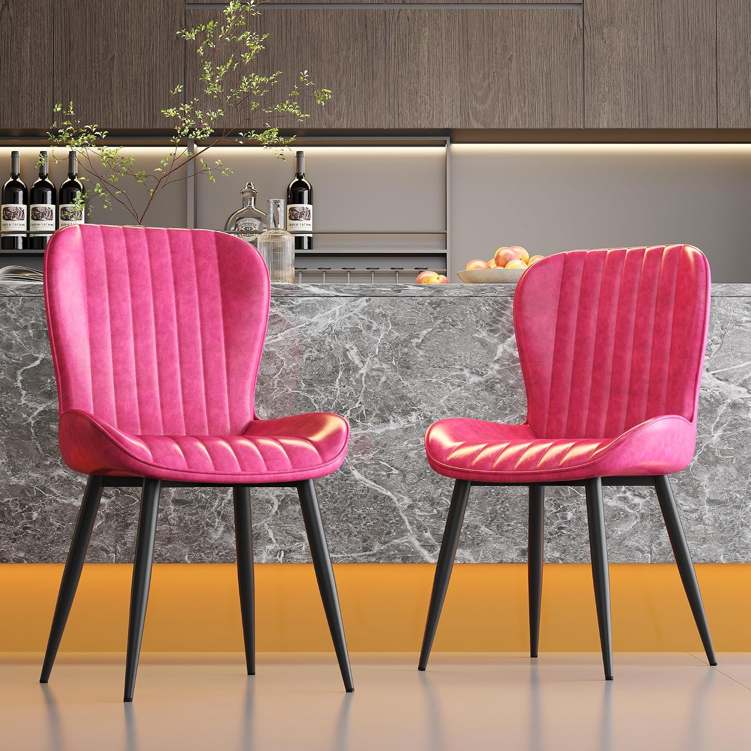 Dining Chairs Set of 2,Pink Leather Dining Chair Upholstered,Kitchen Chair,Modern Dining Room Chairs with Black Metal Legs Frame for Restaurant,Dining Room,Cafe
