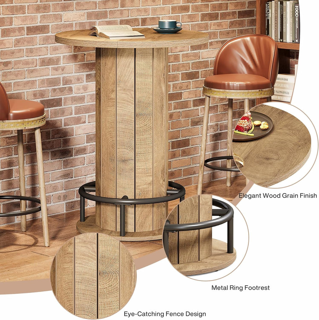 Tribesigns Small Round Dining Table, Bar Height Circle Kitchen Table with Footrest, for Small Spaces, Dining Room, Bar, Bistro, Pub, Brown (Only Table)