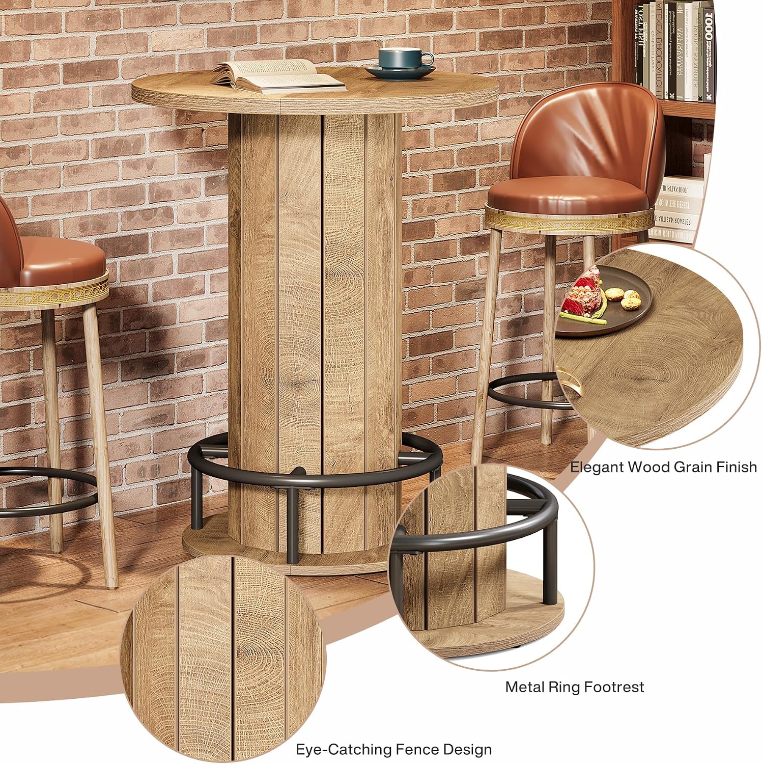Tribesigns Small Round Dining Table, Bar Height Circle Kitchen Table with Footrest, for Small Spaces, Dining Room, Bar, Bistro, Pub, Brown (Only Table)