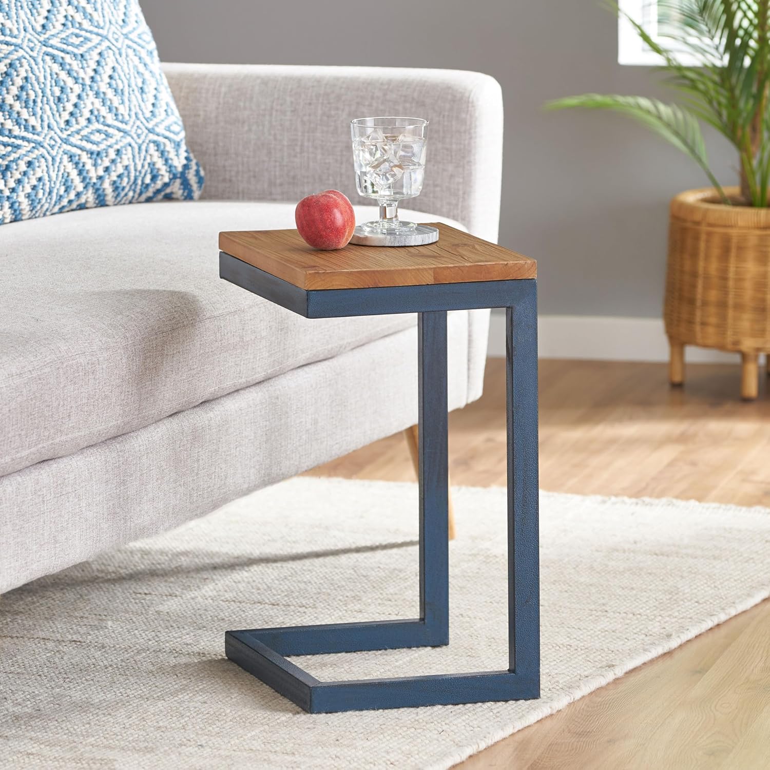 Merax 19 Inch Side Table C-Shaped End Table Small Side Table for Couch, Sofa Table, Small Spaces, Living Room, Bedroom, Black with Blue