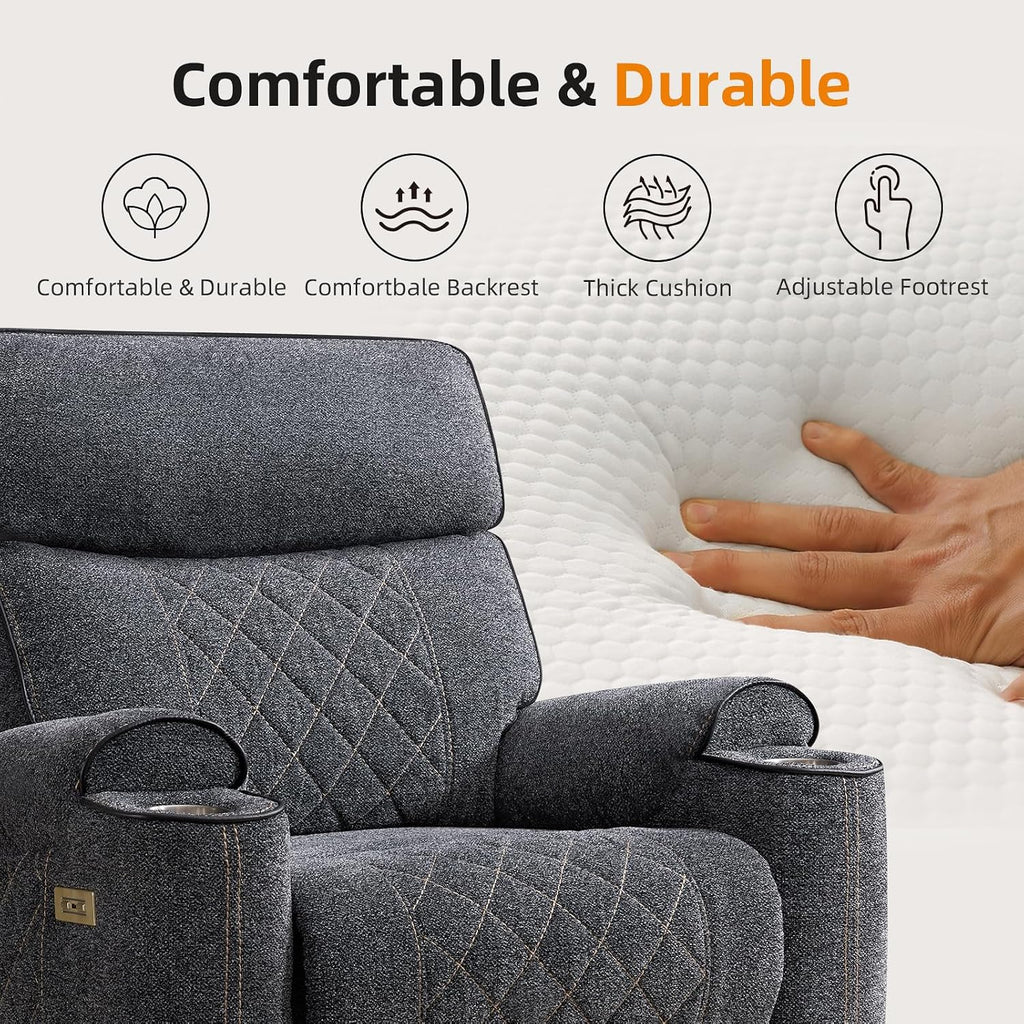 EBELLO Power Recliner Chair, Electric Fabric Reclining Sofa with Cup Holders, USB Type-C Charging Ports, for Small Living Room, Bedroom and Meeting Room, Grey