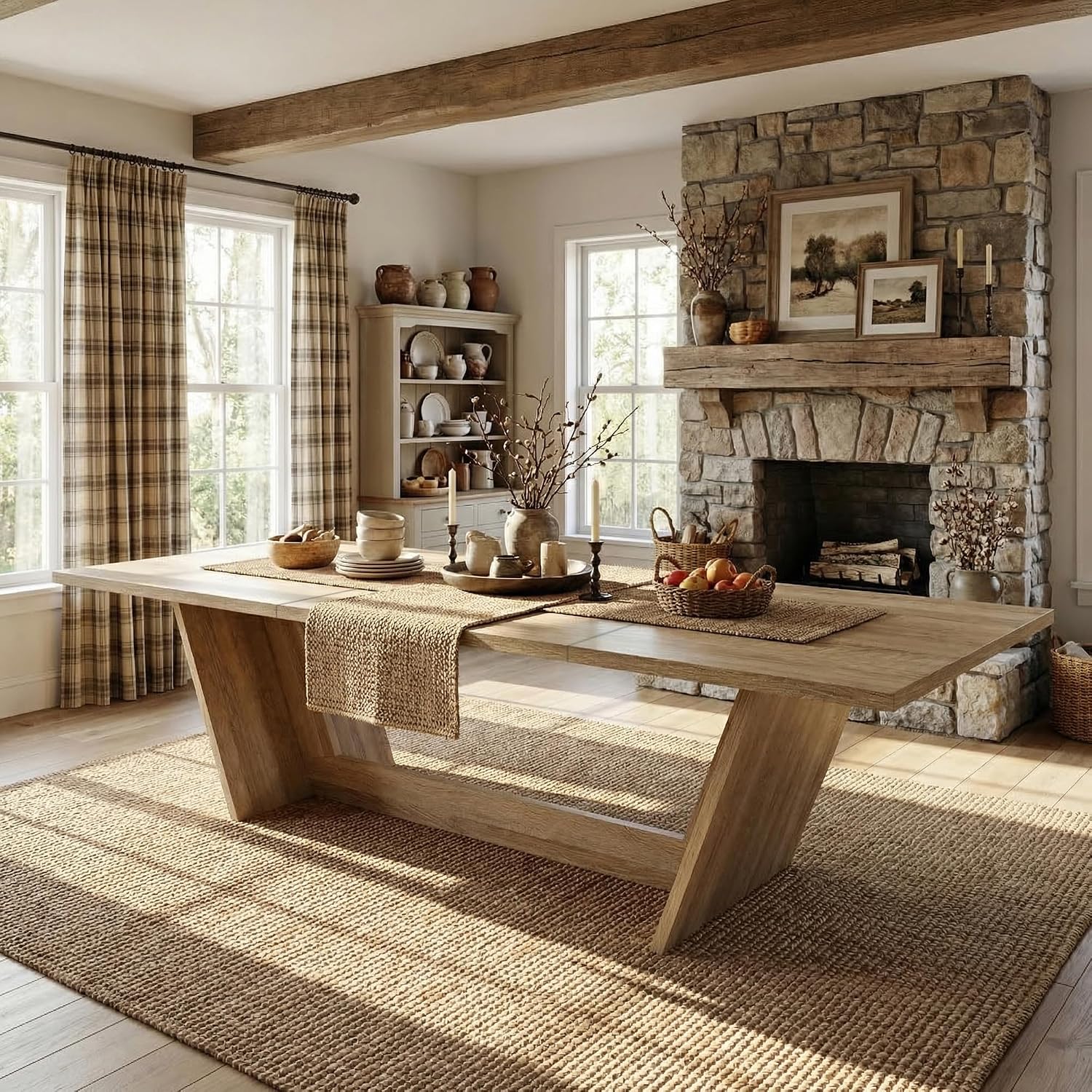 WOODTIME 81.5" W Dining Table with V-Shaped Base for 8-10 People, Modern Wooden Dinner Table for Dining Room Kitchen, Oak