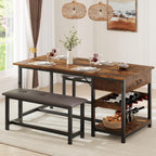 CABIHOME Dining Table Set for 4, Dining Room Table with Storage Drawers & Wine Rack, Kitchen Dining Table Set with Upholstered Benches for Dining Room-Retro Brown