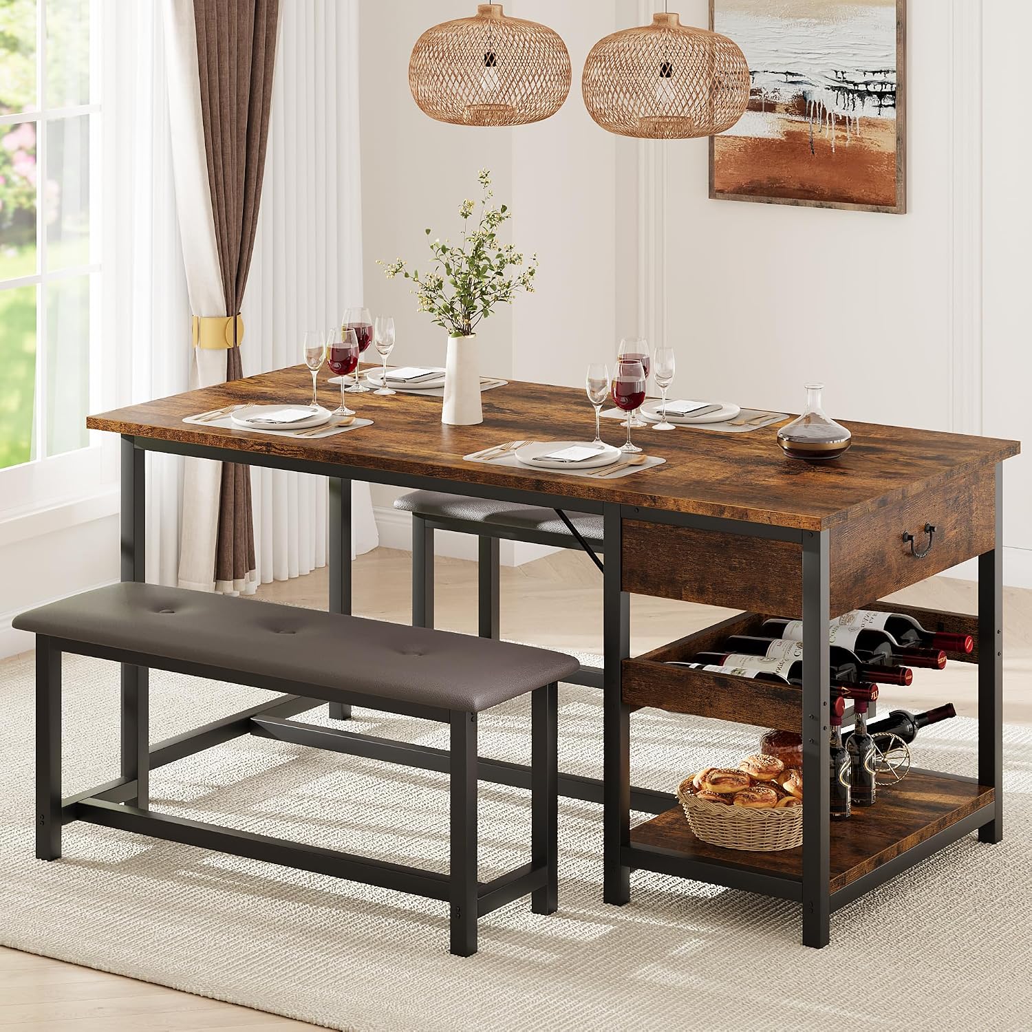 CABIHOME Dining Table Set for 4, Dining Room Table with Storage Drawers & Wine Rack, Kitchen Dining Table Set with Upholstered Benches for Dining Room-Retro Brown