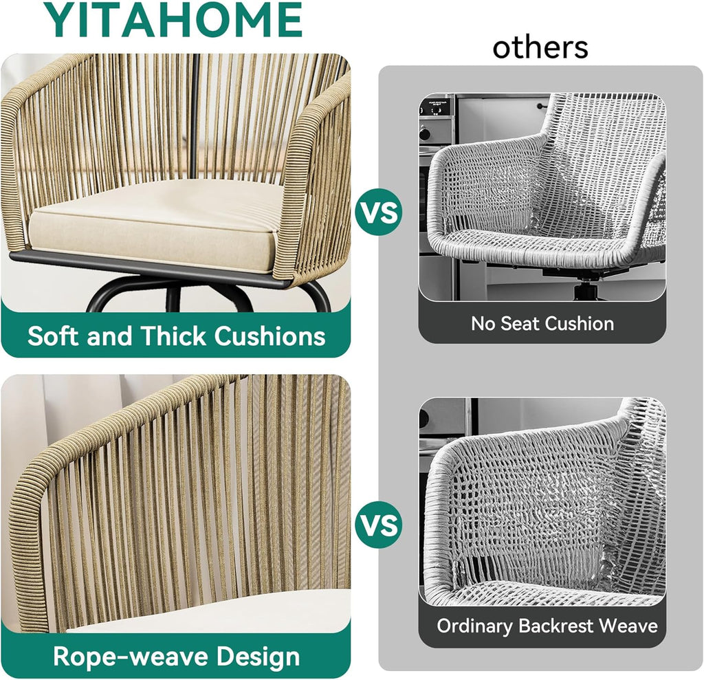YITAHOME 27" Bar Stools Set of 4 with Arms & Cushions, 360° Swivel Outdoor Bar Stools, All Weather Counter Height Bar Stools Set of 4 with Curved Back for Backyard, Kitchen Island, Dining Room, Beige