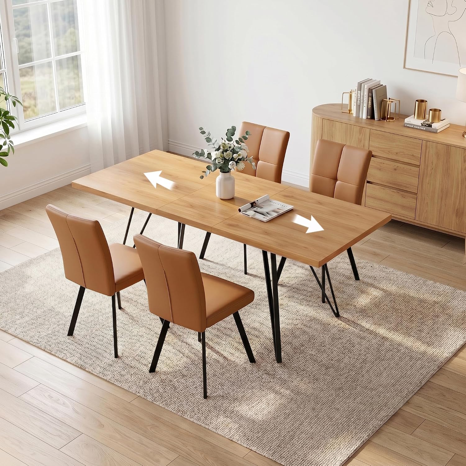 HIPIHOM Extendable Dining Table Set for 4-6, 55 to 71 Inch Expandable Dining Room Table with Upholstered Chairs, Easy Assembly Kitchen Table Set for Small Spaces, Living Room
