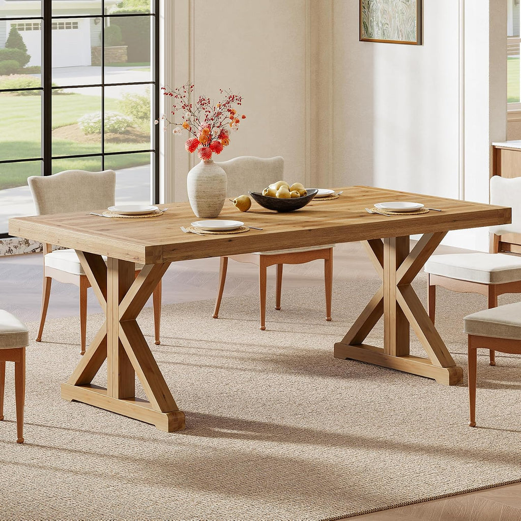 Solid Wood Dining Table for 4-6, 63-Inch Farmhouse Kitchen Table with Sturdy Legs, Wooden Rectangular Dinner Furniture for Kitchen, Dining Room, Light Brown