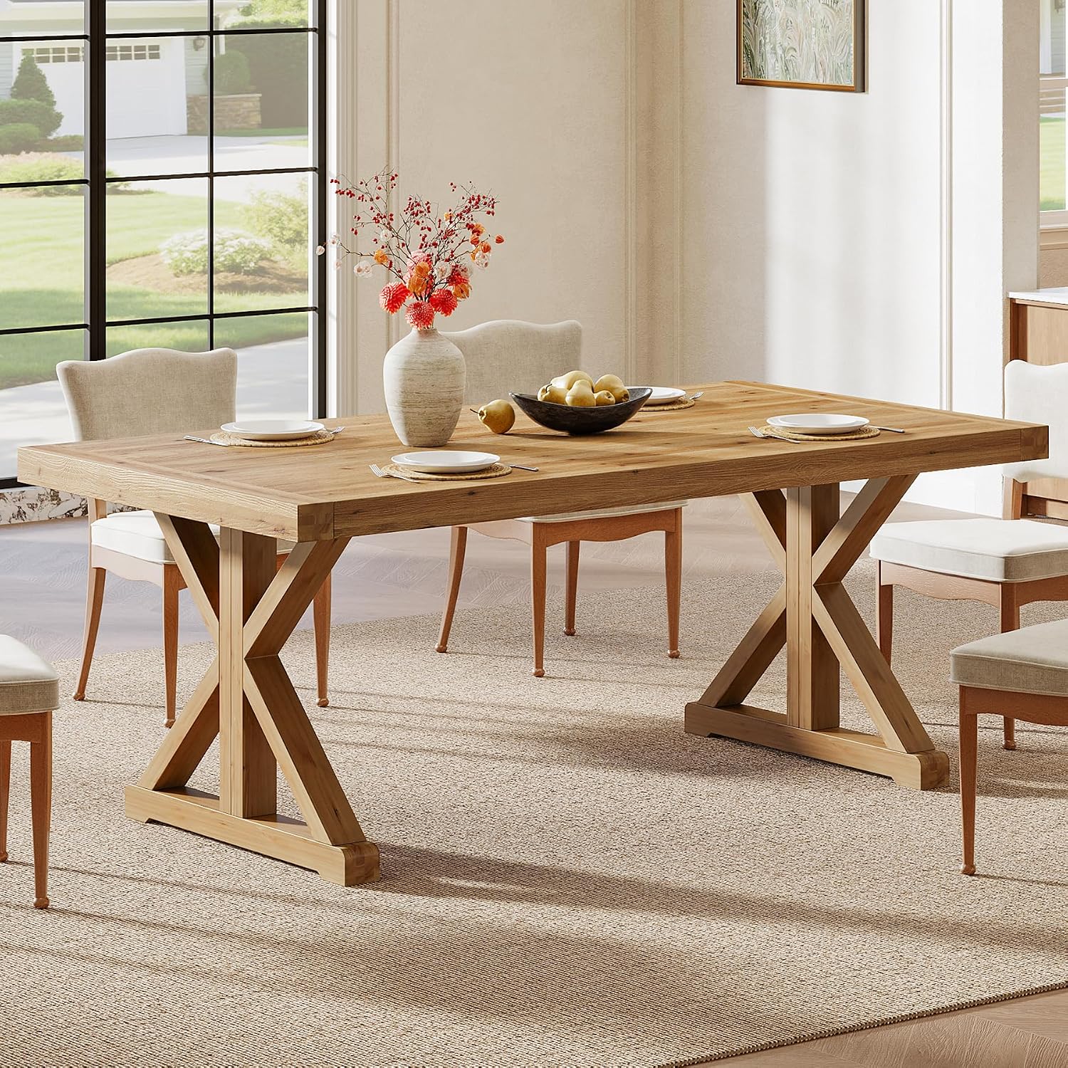 Solid Wood Dining Table for 4-6, 63-Inch Farmhouse Kitchen Table with Sturdy Legs, Wooden Rectangular Dinner Furniture for Kitchen, Dining Room, Light Brown