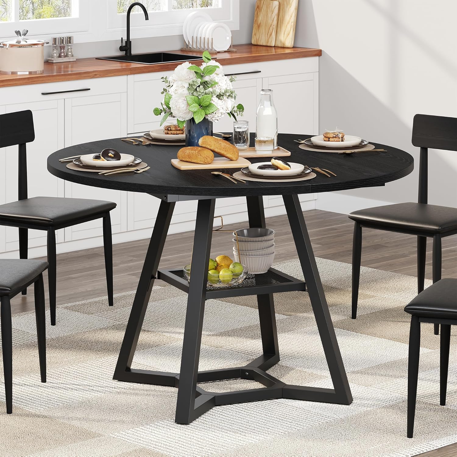 knoworld 43" Round Dining Table for 4, Kitchen Tables Dining Room Circle Dinner Table with Pedestal Metal Frame, Space Saving Wood Industrial Kitchen & Dining Room Tables, Black 43In