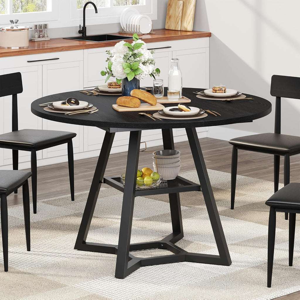 knoworld Round Dining Table for 4, Kitchen Tables Dining Room Circle Dinner Table with Pedestal Metal Frame, Space Saving Wood Industrial Kitchen & Dining Room Tables, Black 43In