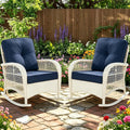 MEETWARM Outdoor Wicker Rocking Chairs Set of 2, Rattan Patio Rocker Chairs with Thick Cushions and High Back, All-Weather Patio Wicker Chair with Safe Rocking Design for Garden, Cream White/Navy