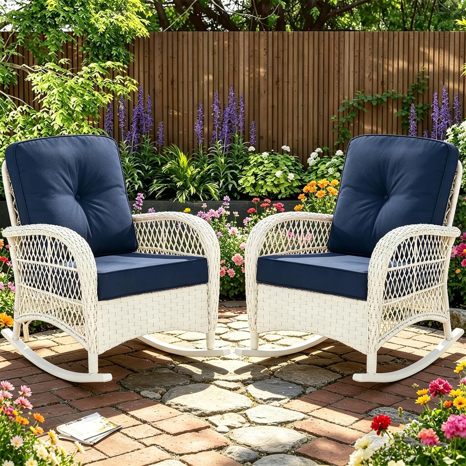 MEETWARM Outdoor Wicker Rocking Chairs Set of 2, Rattan Patio Rocker Chairs with Thick Cushions and High Back, All-Weather Patio Wicker Chair with Safe Rocking Design for Garden, Cream White/Navy