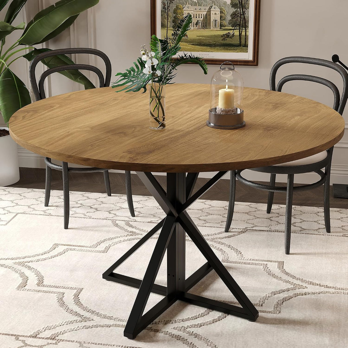 GarveeHome 47 Inch Round Dining Table for 4, Circle Kitchen Table with Pedestal Base, Farmhouse Wooden Dining Table for Small Spaces, Kitchen & Dining Room, Living Room（Brown/Only Table）