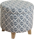 Homepop Home Decor | Upholstered Round Storage Ottoman | Ottoman with Storage for Living Room & Bedroom with Flared Legs, Navy Blue Geometric Pattern Large