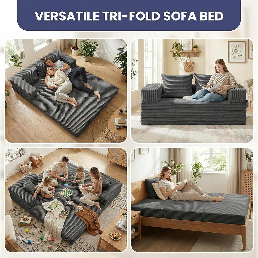 Convertible Sofa Bed, 4-in-1 Loveseat with Removable Armrests Backrest, Corduroy Futon Couch Bed with Pillow, Foldable Mattress Sleeper Sofa for Living Room Bedroom Small Place (Grey)