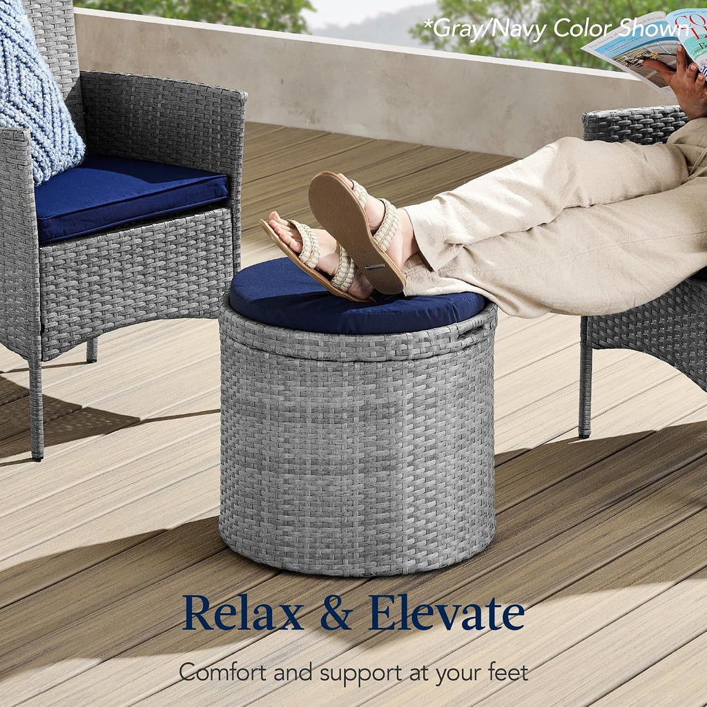 Best Choice Products Round Wicker Ottoman, Multipurpose Outdoor Furniture for Patio, Backyard, Additional Seating, Footrest, Side Table w/Storage, Removable Cushions – Brown/Beige