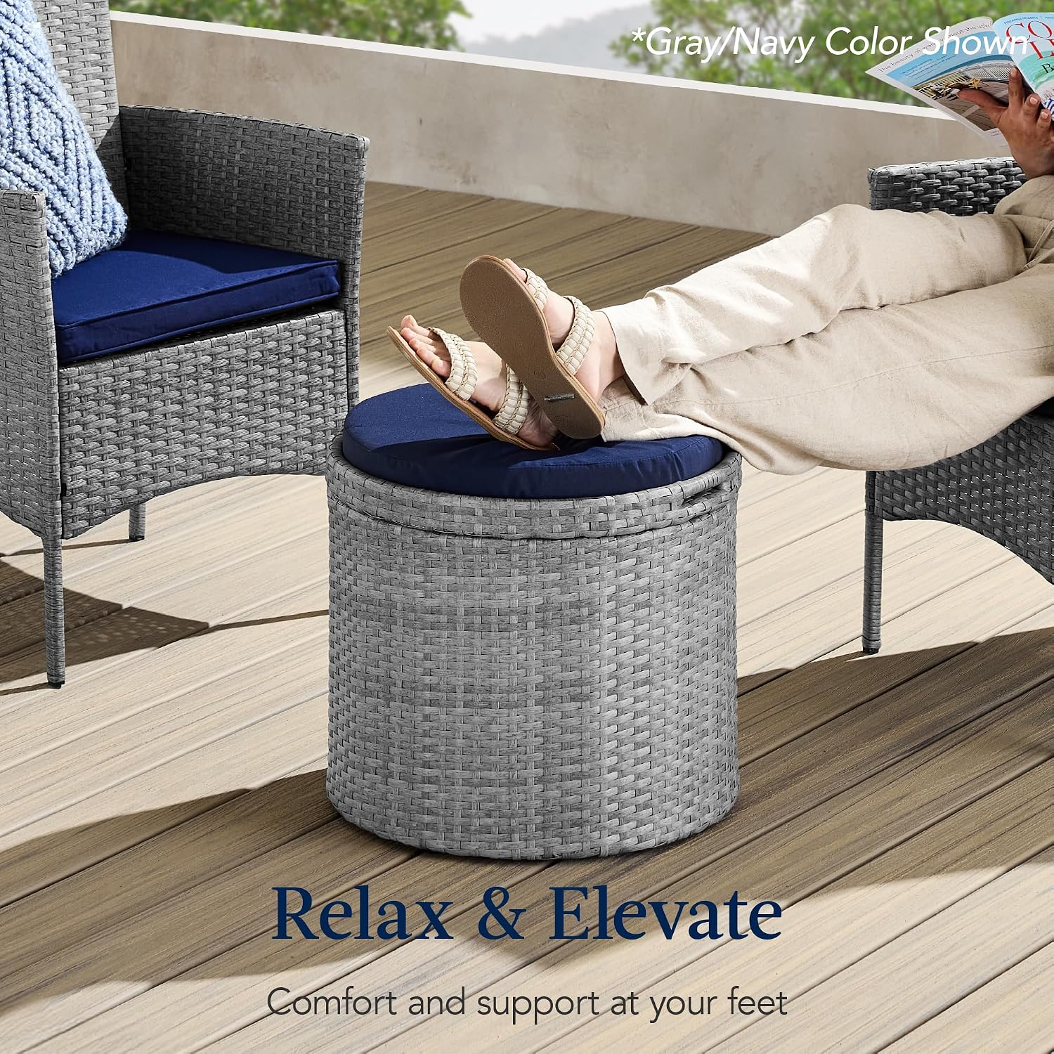 Best Choice Products Round Wicker Ottoman, Multipurpose Outdoor Furniture for Patio, Backyard, Additional Seating, Footrest, Side Table w/Storage, Removable Cushions – Brown/Beige