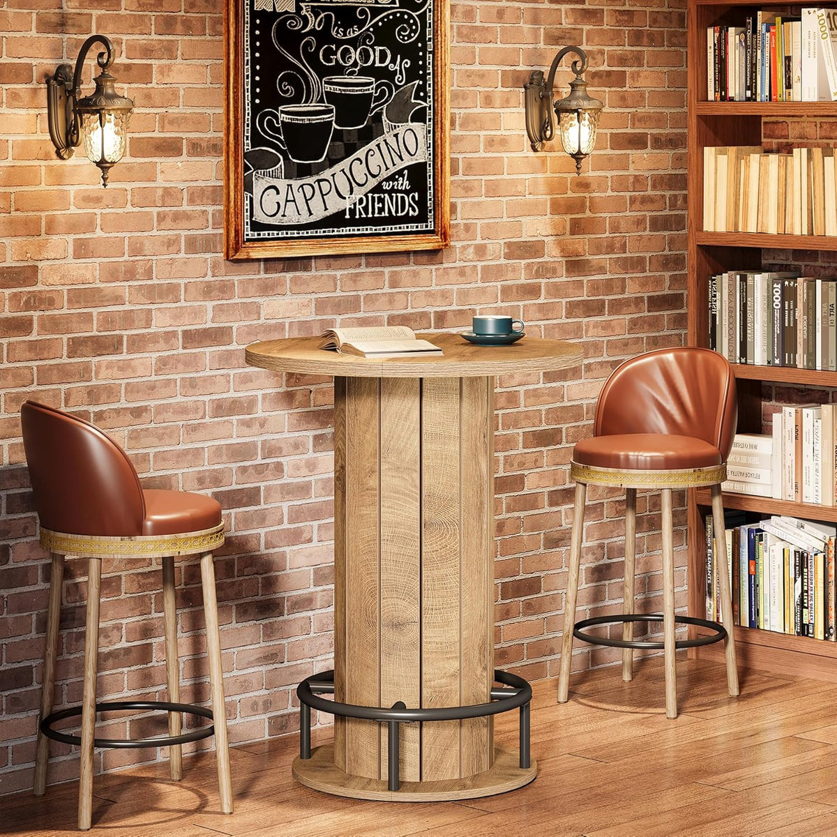 Tribesigns Small Round Dining Table, Bar Height Circle Kitchen Table with Footrest, for Small Spaces, Dining Room, Bar, Bistro, Pub, Brown (Only Table)
