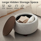 VKNOW 30" Round Storage Ottoman, Ottoman Coffee Table with Removable Wood Top and Solid Wood Legs for Living Room, Bedroom, Apartments (Beige)