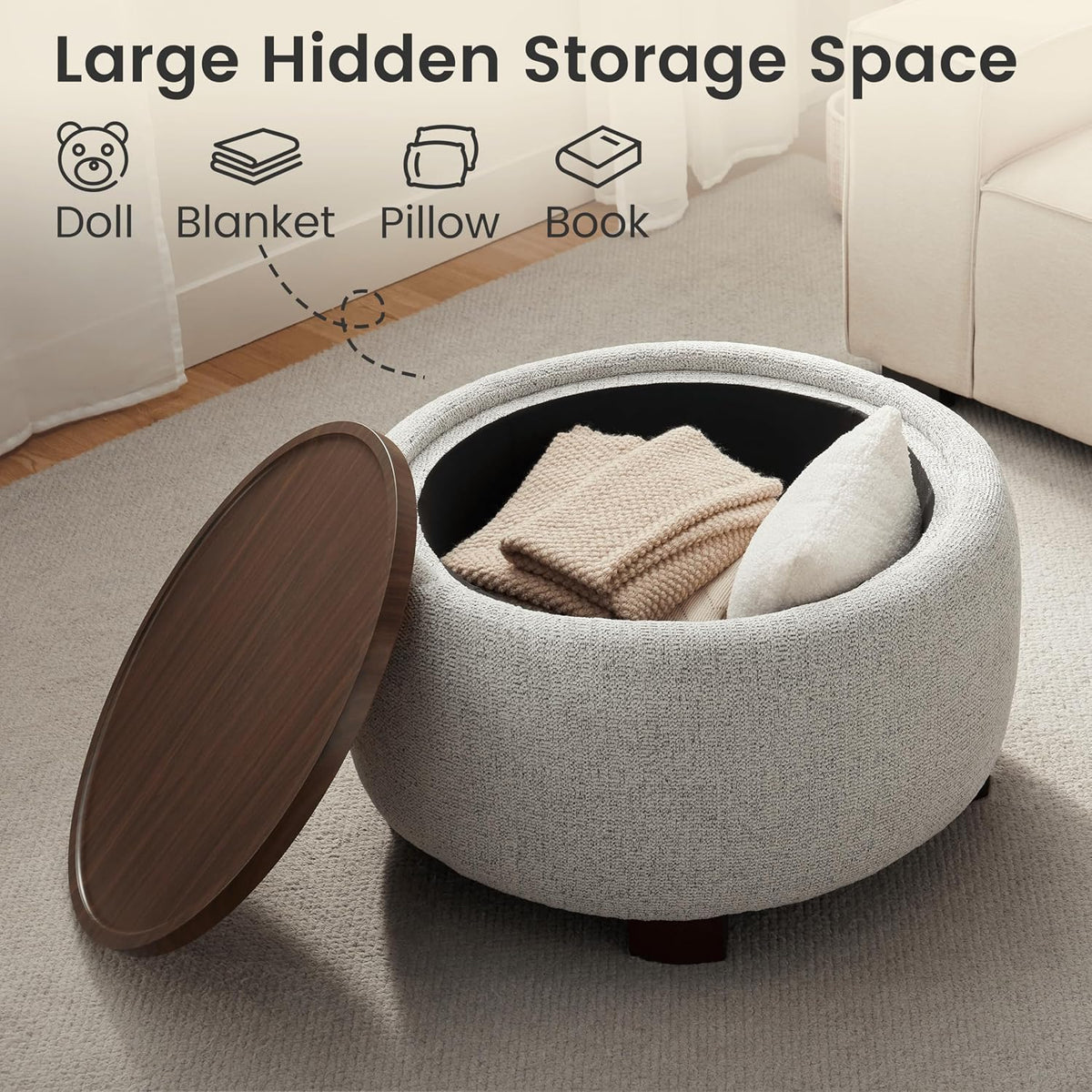 VKNOW 30" Round Storage Ottoman, Ottoman Coffee Table with Removable Wood Top and Solid Wood Legs for Living Room, Bedroom, Apartments (Beige)
