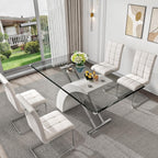 Rectangular Glass Dining Table for 4-6 People, 63" Clear Tempered Glass Desktop with X-Shape Stainless Steel Base, for Kitchen, Living Room, Office, Silver White