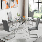 5-Piece Dining Room Table Set, Modern 36" Square Silver Glass Dining Table Set for 4, Kitchen and Dining Table Set with 4 Grey PU Leather Dining Chairs for Dining Room Kitchen