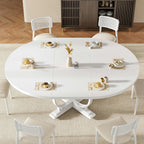 Einhomn 59" Extendable Round Dining Table for 4-6, Modern Oval Kitchen Table with Heavy Duty Curved Legs & Pedestal Base, Space Saving Circle Dinner Room Table for Dining Kitchen Living Room, White