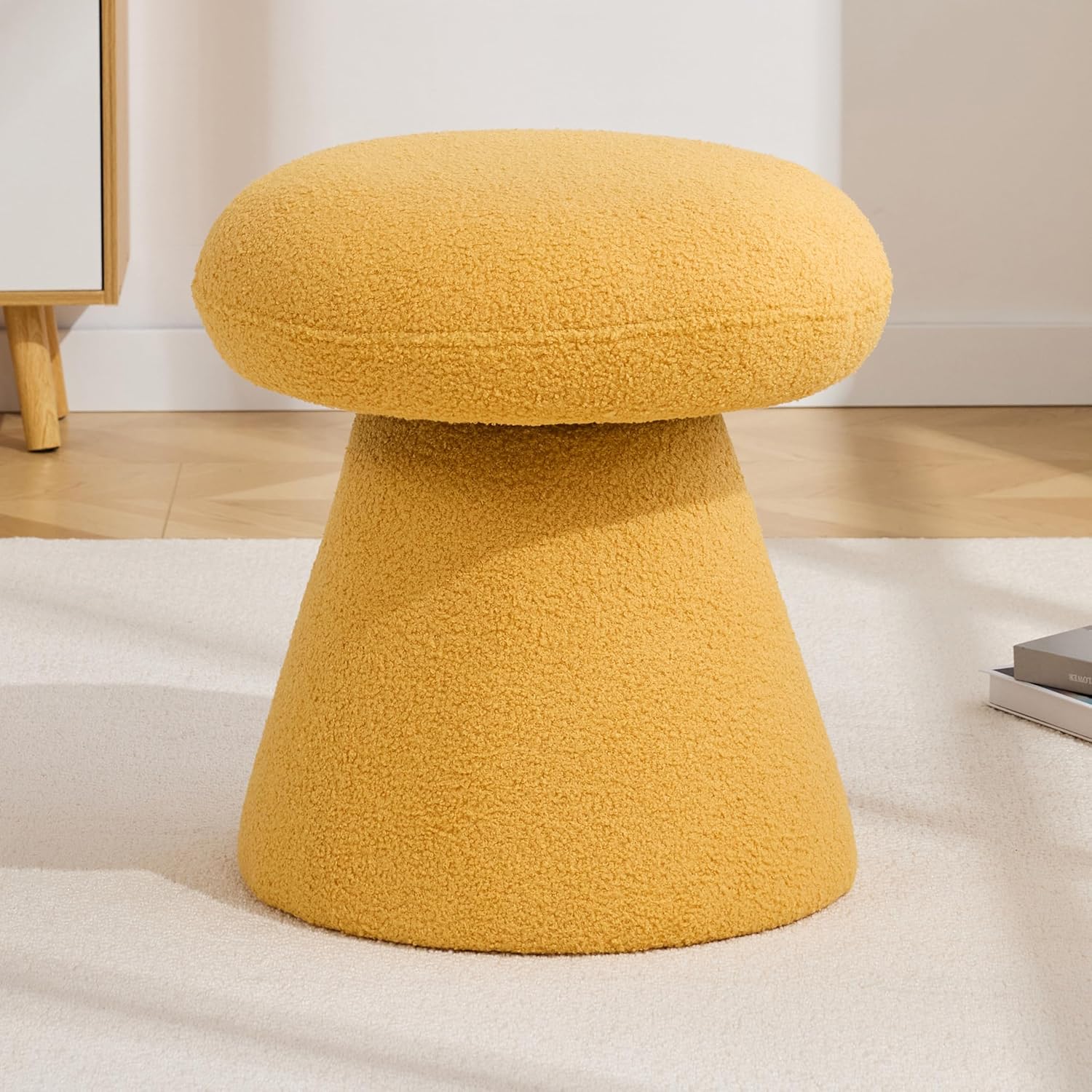 FOXHUNTER Mushroom Ottoman Foot Rest Pouf Ottoman with 360° Rotation, Footstool for Makeup Room Living Room Bedroom Entrance(Yellow, Teddy)