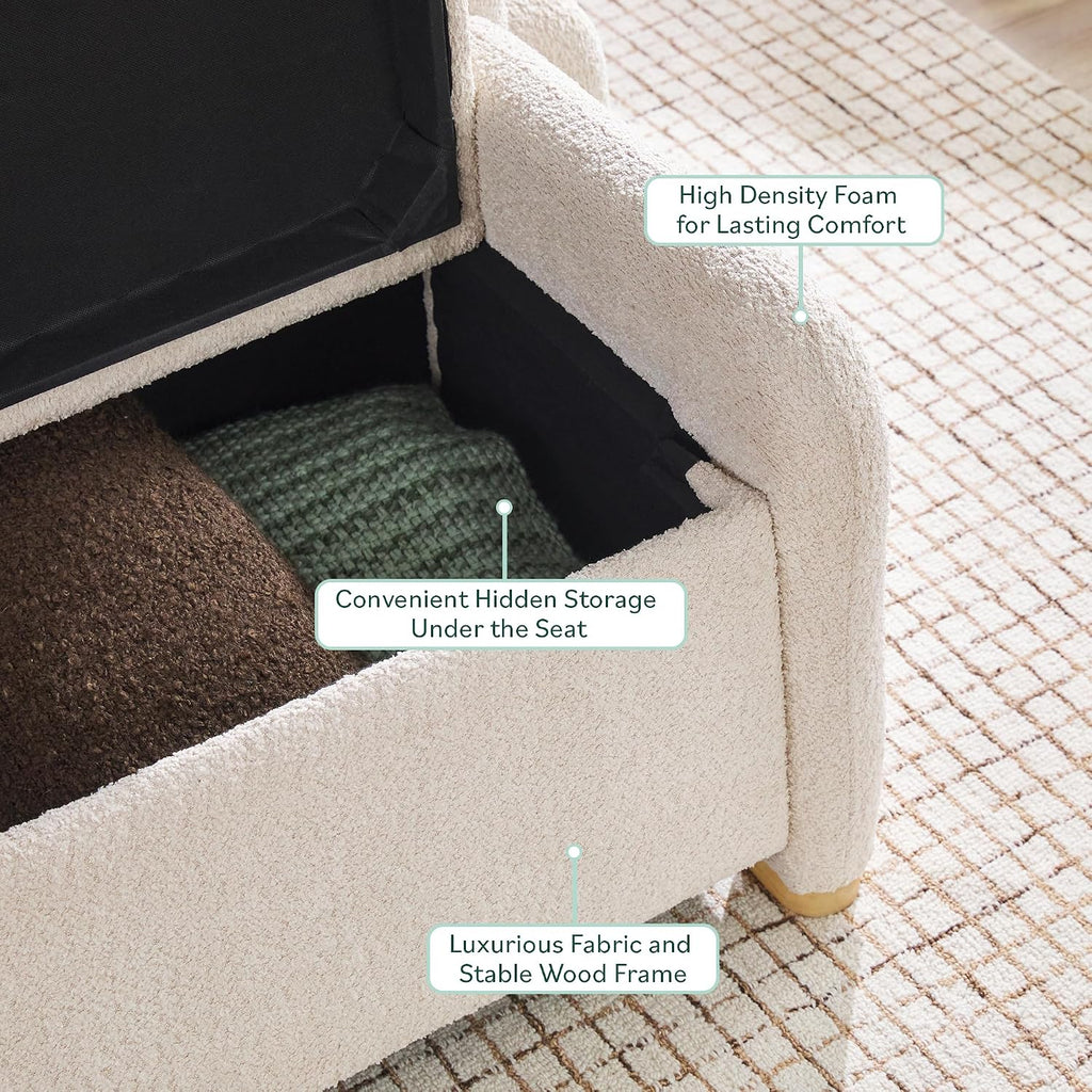 Walker Edison Chantelle Modern Contemporary Curved Upholstered Bench with Storage, 56 Inch, Ivory Bouclé