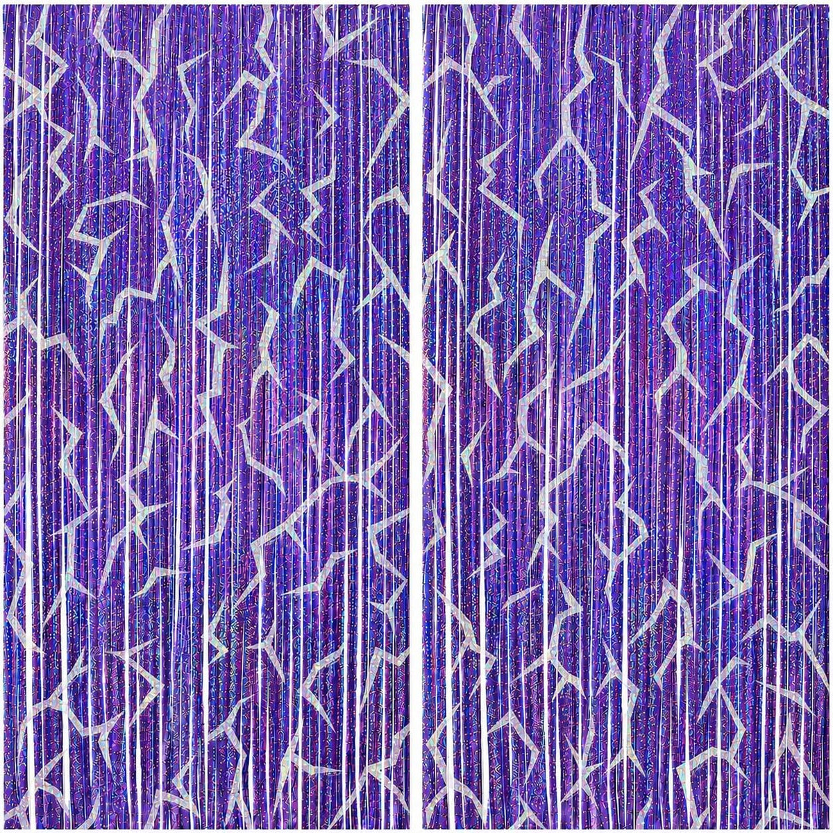 2 Pack K-STYL Purple Foil Fringe Curtains Party Decorations - 3.3 ft x 6.6 ft Energy Pattern Sparkling Holographic Laser Foil Curtain for Girls Disco Bachelorette Party Supplies