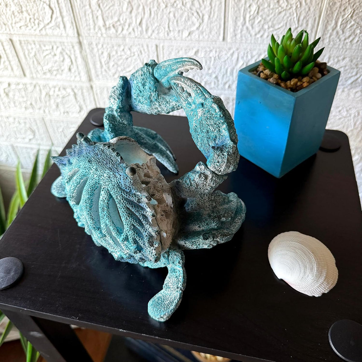 Crab Wine Bottle Holder, 8 Inch Turquoise Resin with Coral-Look Center | Raised Claws, Shell Ridges, Textured Legs, Distressed Whitewashed Finish, Open Center for Angled Display