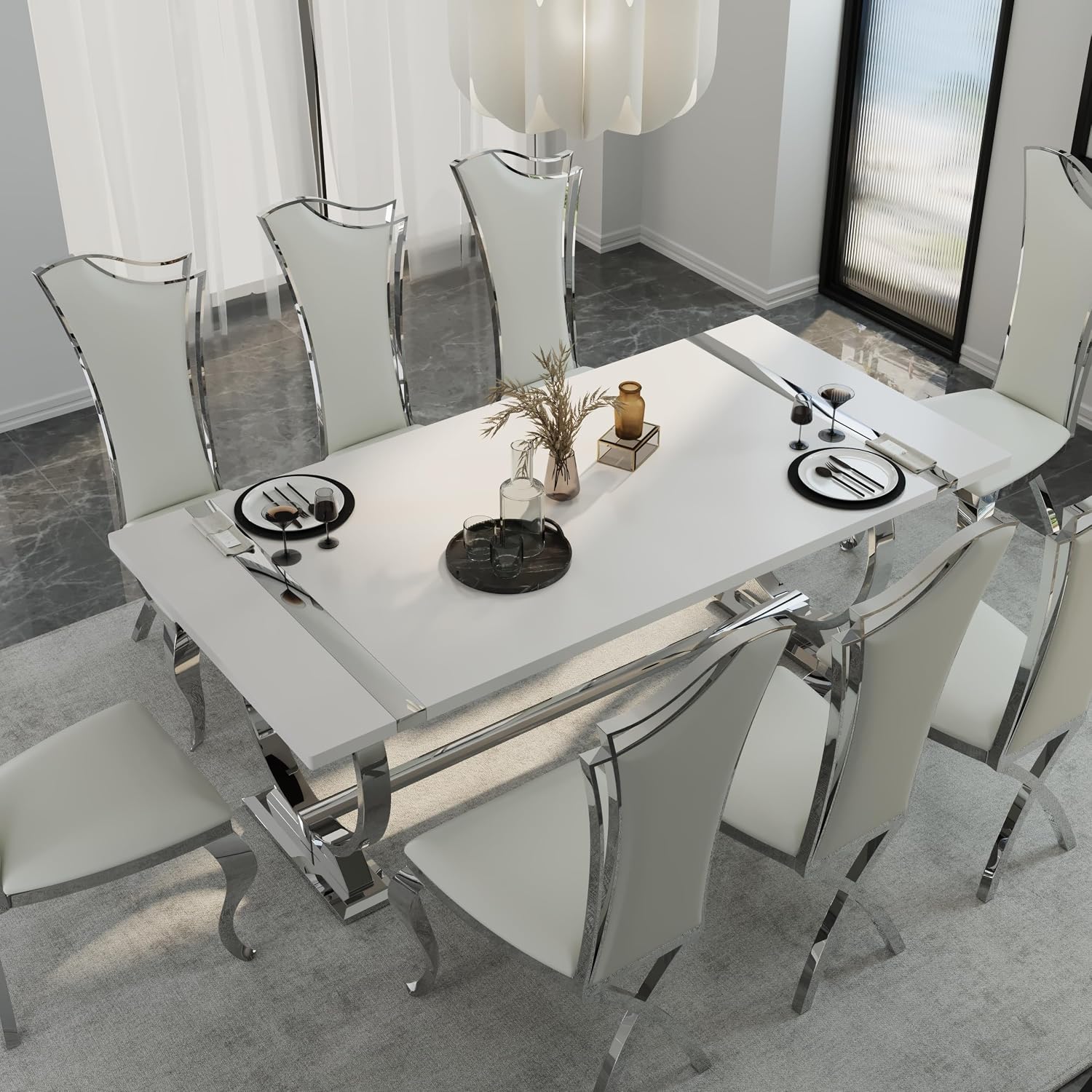 BQueen 78 inch White and Silver Dining Table for 4-8, Luxury Modern White Large Kitchen Table with Chrome Stainless Steel U-Base for Dining Room Kitchen Apartment