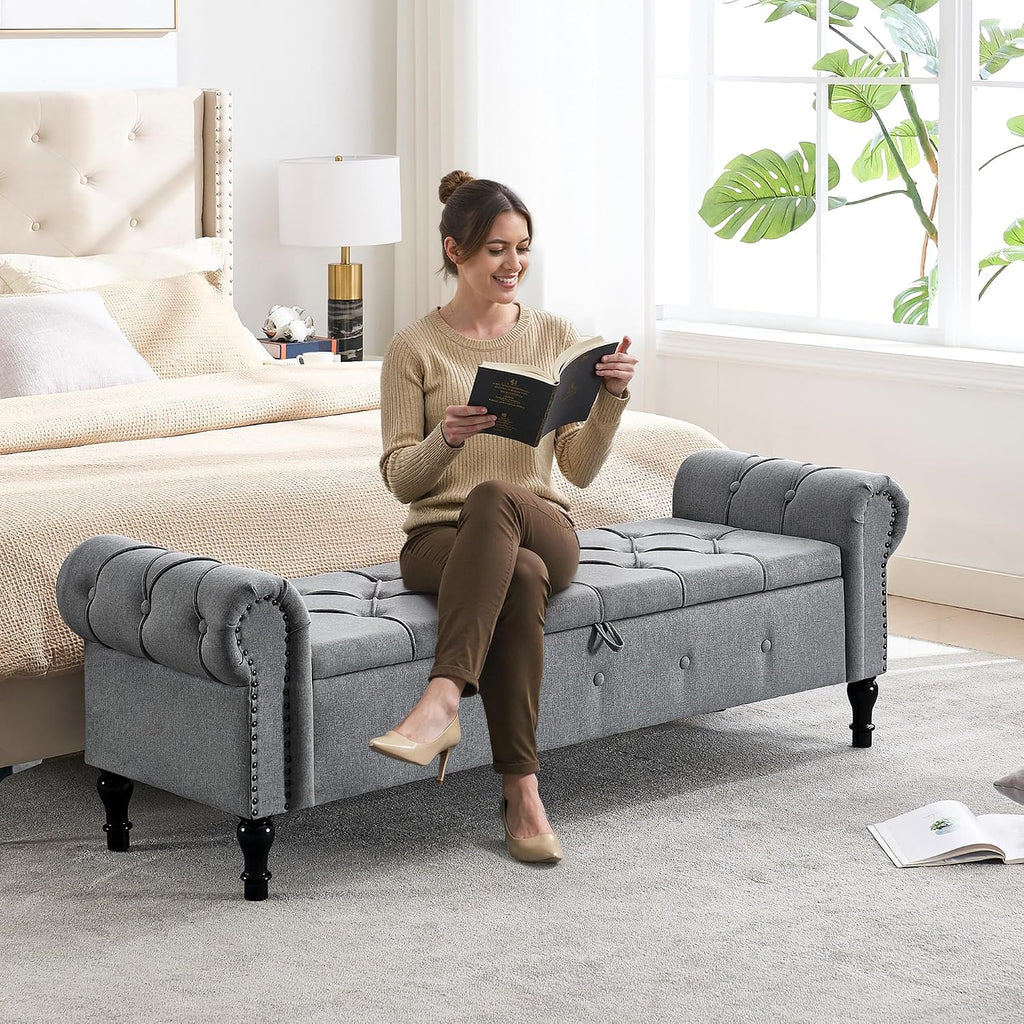 Storage Bench 67" Linen End of Bed Benches Grey | King Size Storage Bench for Bedroom with Rolled Arms Tufted Ottoman Benches Upholstered Bench for Living Room Entryway