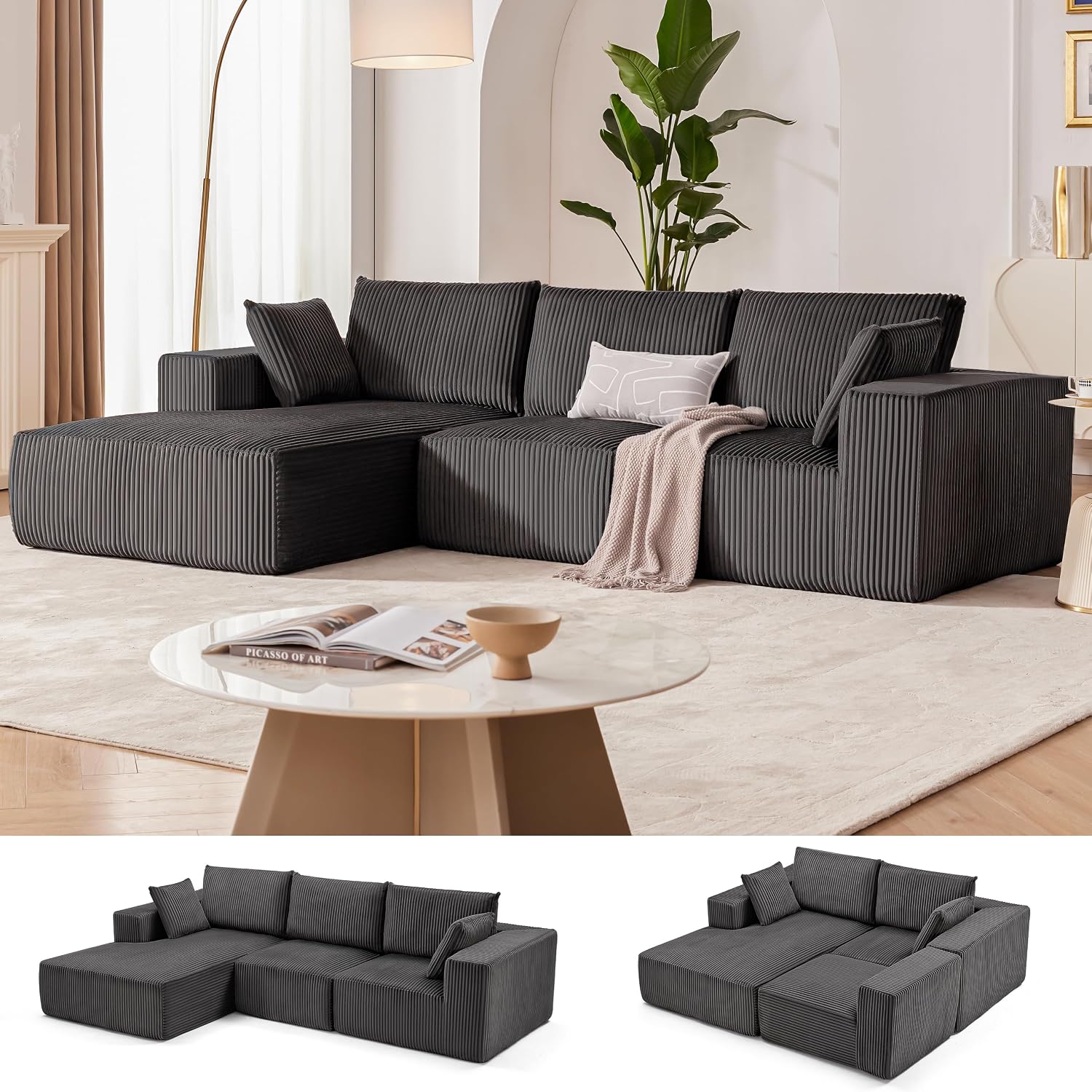 108" Couch with Chaise, Cloud Sectional Modular Sofa, Darkgrey | Deep Seat Modular Sectional Sofa for Living Room, Upholstered Corduroy Couch for Apartment, Convertible No Assembly Sofa