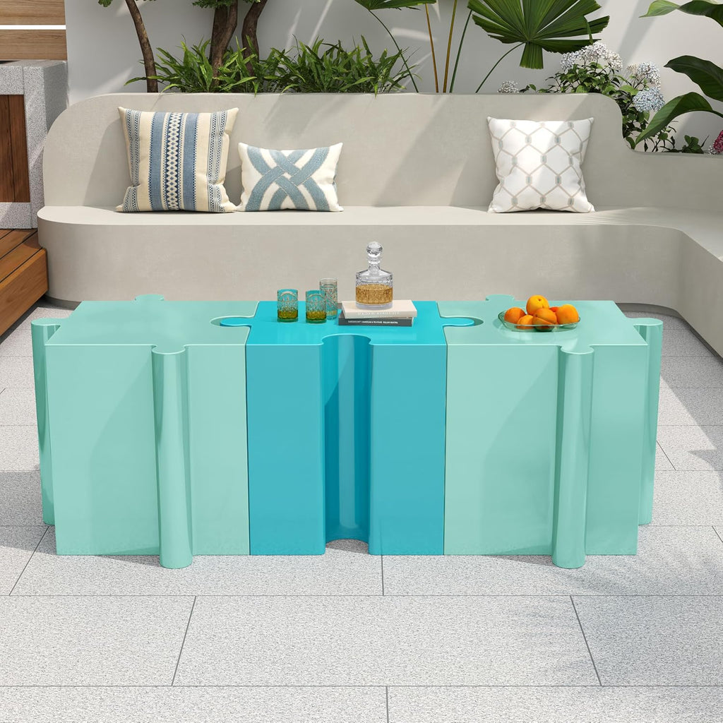 Merax 3 Piece Puzzle-Like Side Accent Table Set, Modular Accent Tables with Interlocking Design, Modern Connectable End Table for Living Room Bedroom Patio Beach Outdoor, Green+Blue+Green