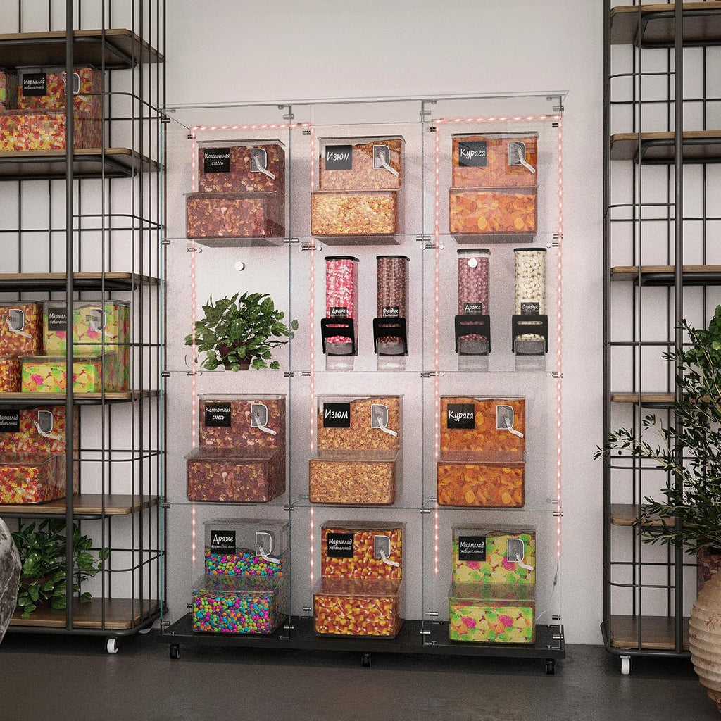 65" H 4-Shelf Glass Display Storage Cabinet with LED Lights Strip & Double Doors, Modern Curio Cabinet Collection Display Case with Lockable Casters & Lock for Living Room (Black)