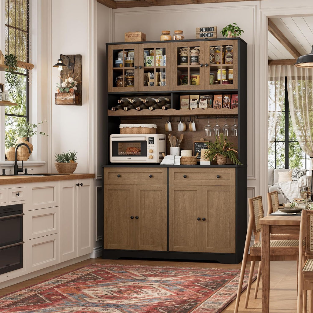 HOSTACK 75" Kitchen Pantry Storage Cabinet, Coffee Bar Hutch Cabinet, Brown | Tall Pantry Cabinet with Charging Station / Wide Countertop / Glass Doors / Wine Rack / Cup Holder / Drawers, Dining Room