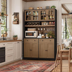 HOSTACK 75" Kitchen Pantry Storage Cabinet, Coffee Bar Hutch Cabinet, Brown | Tall Pantry Cabinet with Charging Station / Wide Countertop / Glass Doors / Wine Rack / Cup Holder / Drawers, Dining Room