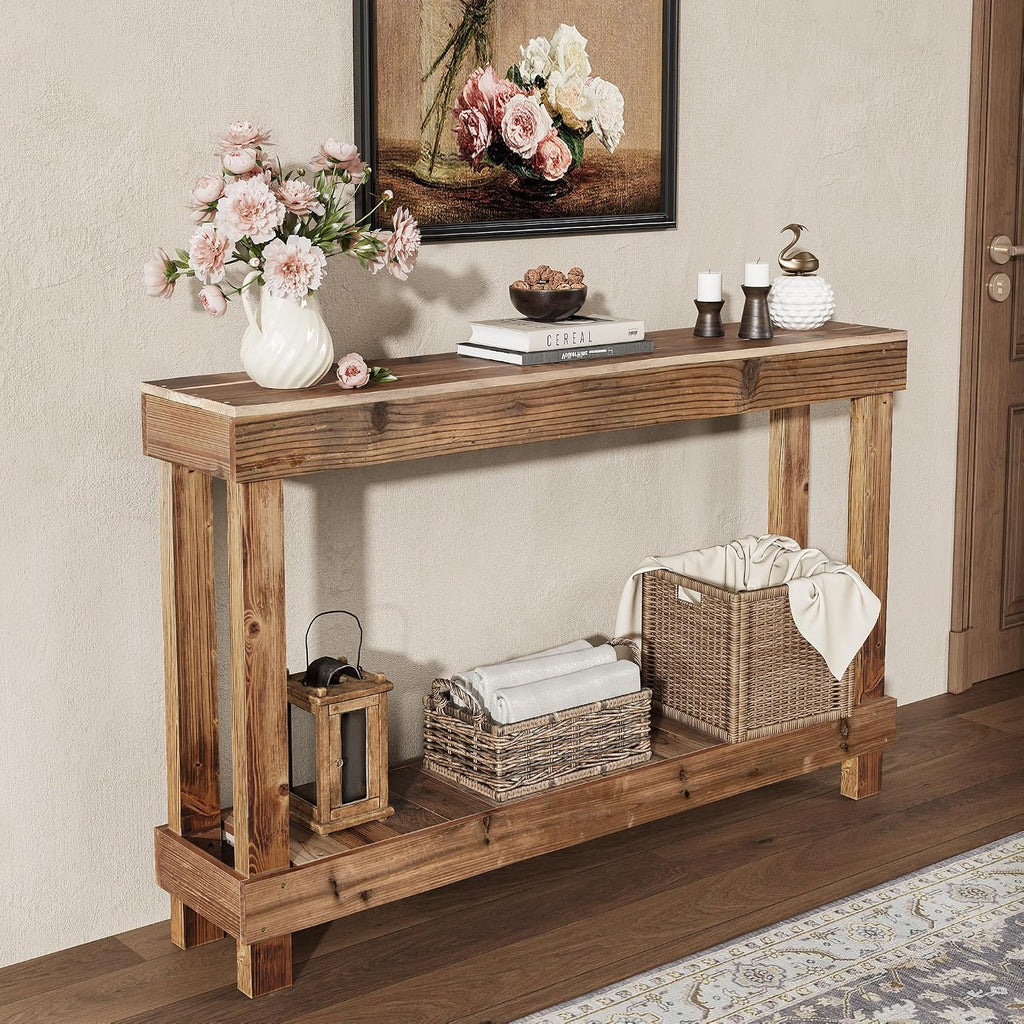 SMARTSTANDARD 46" Long Farmhouse Console Table, Solid Wood, Natural Brown | Console Sofa Table, Entryway Table for Hallway, Living Room, Entrance, 2 Tiers, Easy Assembly