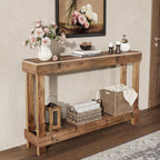 SMARTSTANDARD 46" Long Farmhouse Console Table, Solid Wood, Natural Brown | Console Sofa Table, Entryway Table for Hallway, Living Room, Entrance, 2 Tiers, Easy Assembly