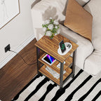 VECELO End Table with Charging Station and USB Ports, Small Wood Nightstand Modern, 24" Tall Living Room Side Table with 3-Tier Storage Shelves for Small Spaces, Office, Bedroom, Retro Brown, Set of 2