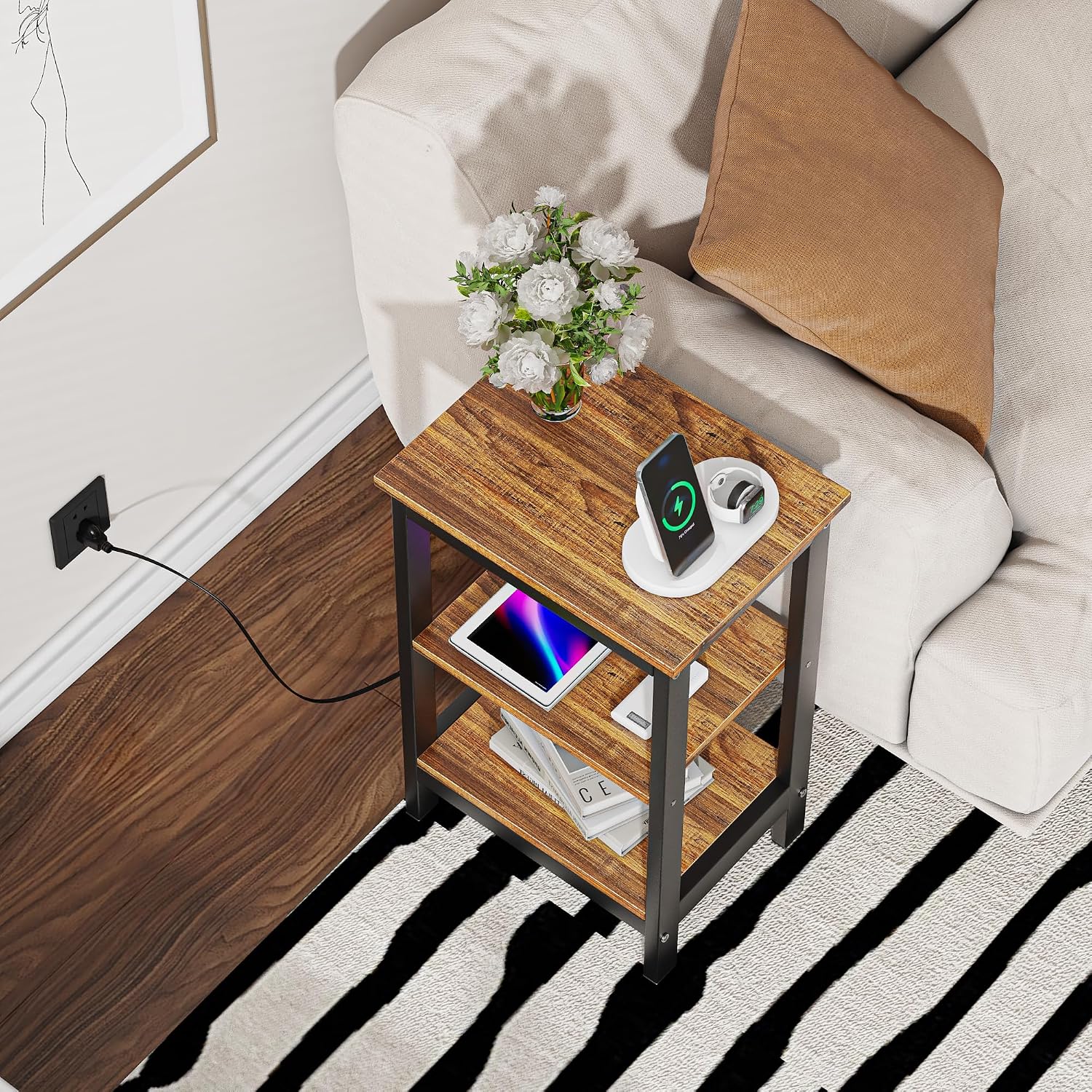 VECELO End Table with Charging Station and USB Ports, Small Wood Nightstand Modern, 24" Tall Living Room Side Table with 3-Tier Storage Shelves for Small Spaces, Office, Bedroom, Retro Brown, Set of 2