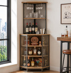 IBF 71 Inch Rustic Oak Farmhouse Tall Corner Bar Cabinet with Glass Holder | Sturdy 5-Tier Industrial Farmhouse Liquor Storage with Adjustble Shelf，Anti-Tipping Design for Home Kitchen Small Space