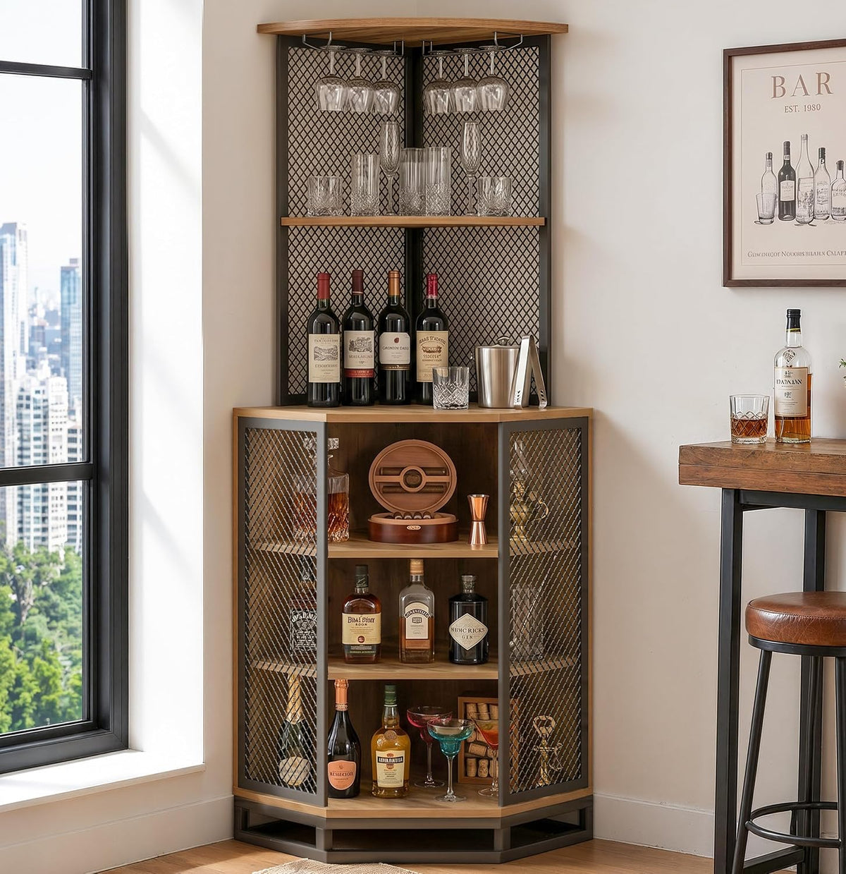 IBF 71 Inch Rustic Oak Farmhouse Tall Corner Bar Cabinet with Glass Holder | Sturdy 5-Tier Industrial Farmhouse Liquor Storage with Adjustble Shelf，Anti-Tipping Design for Home Kitchen Small Space