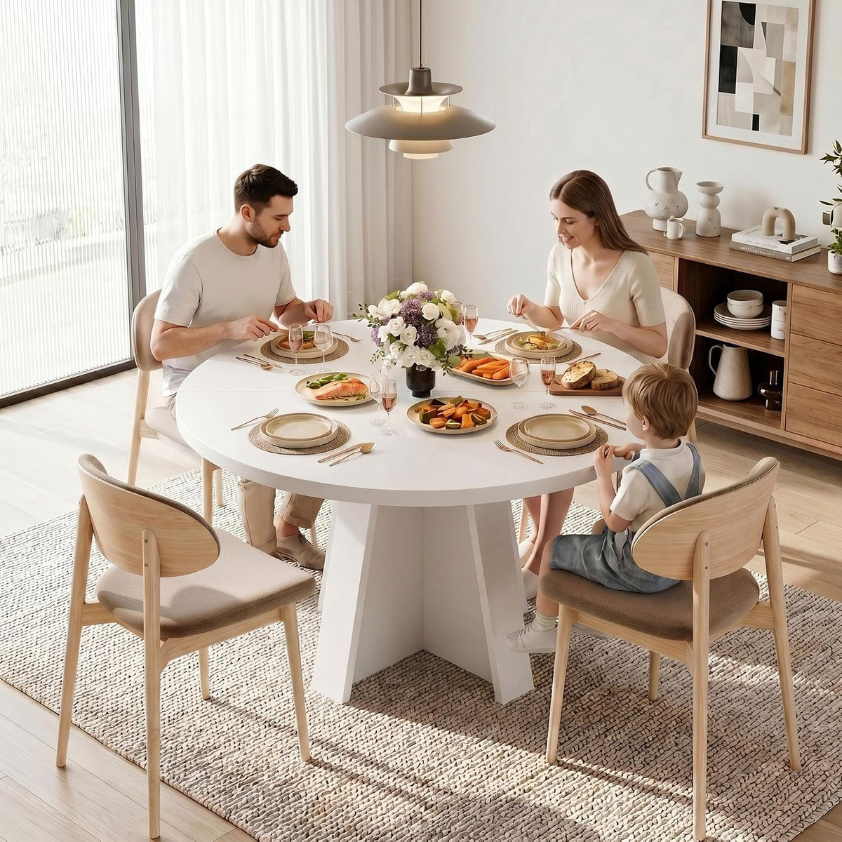 iPormis 47-Inch Round Dining Table for 4-6 People, Modern Wooden Kitchen Table for Dining Room, Farmhouse Circle Dinner Tables Furniture for Kitchen Living Room, White