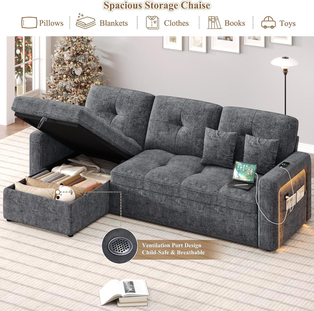81'' LED L-Shaped Sectional Couch for Living Room, Sleeper Sofa Bed, Grey | Comfy Chenille Cloud Couch, Pull Out Bed, Storage Chaise, 5-level Adjustable Backrest, USB Charging, 2 Pillow, 900LB Capacity