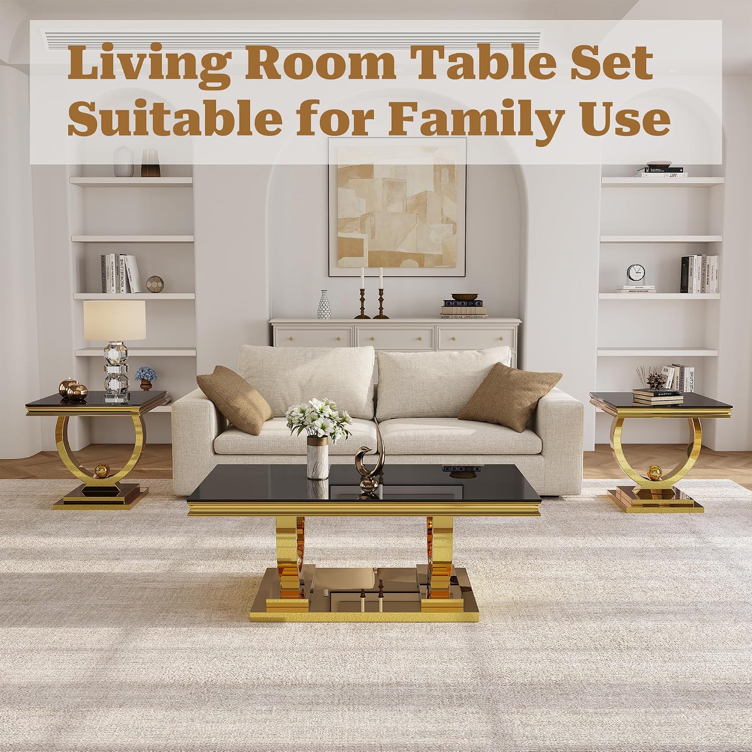 Coffee Table Set of 3, Coffee Table and 2 End Table, Gold/Black | Modern Living Room Table Set of 3, Tempered Glass Top, Stainless Steel Base with Mirror Finish, Easy to Clean & Assembly