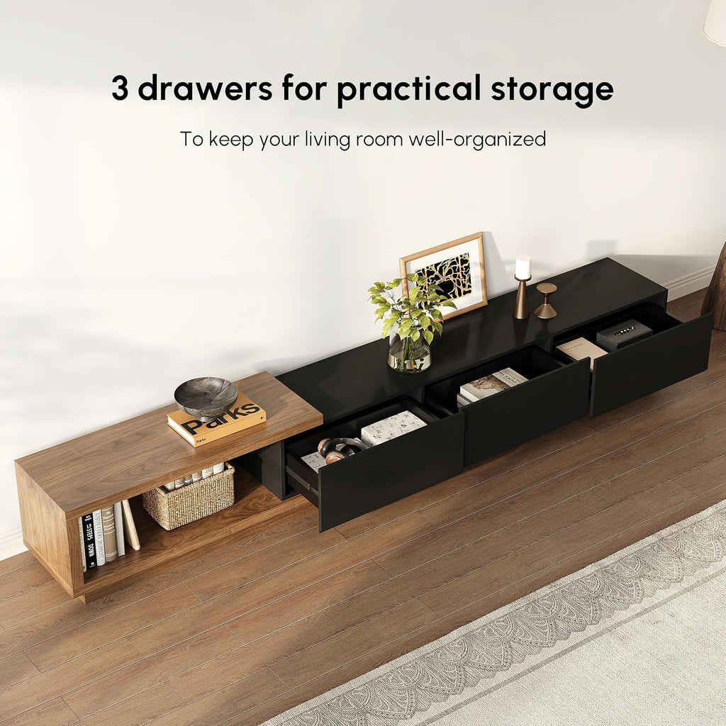 homary Modern Mid-Century Coffee Table and TV Stand Set of 2, Extendable Entertainment Center Set for Living Room (Black & Walnut)