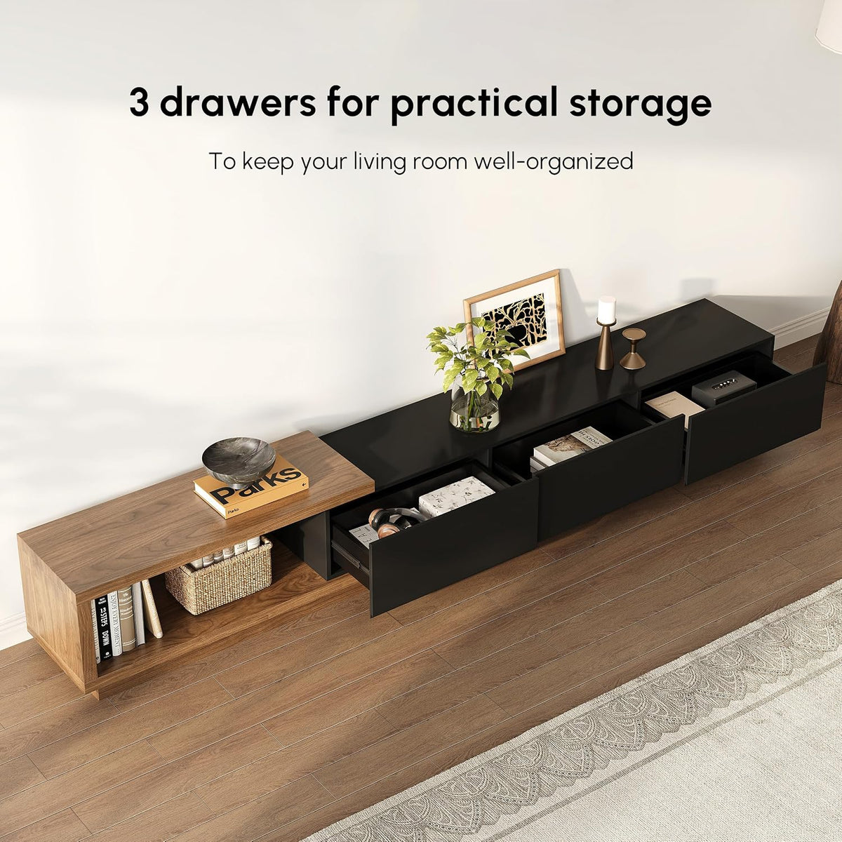 homary Modern Mid-Century Coffee Table and TV Stand Set of 2, Extendable Entertainment Center Set for Living Room (Black & Walnut)