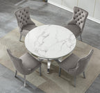 5-Piece White Marble Round Dining Table Set for 4, Modern Faux Marble Kitchen Table Set for 4 with Grey Tufted Chair,Circle White Silver Dinner Tables with American-Style Pedestal Base